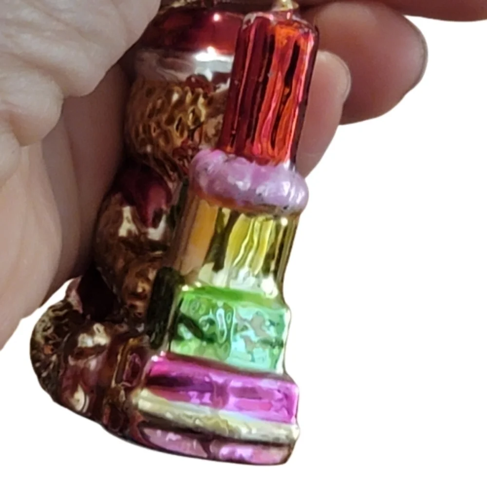 BEAR Ornament Wearing Santa Hat holding candle chimney Painted Glass Tree Decor